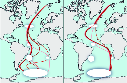 Traccia migratoria delle sterne, con dati ottenuti dai geolocator. A sinistra il percorso dall&rsquo;Artico alle coste antartiche; a destra il percorso di ritorno verso l&rsquo;Artico; le aree in bianco sono le zone di sosta.