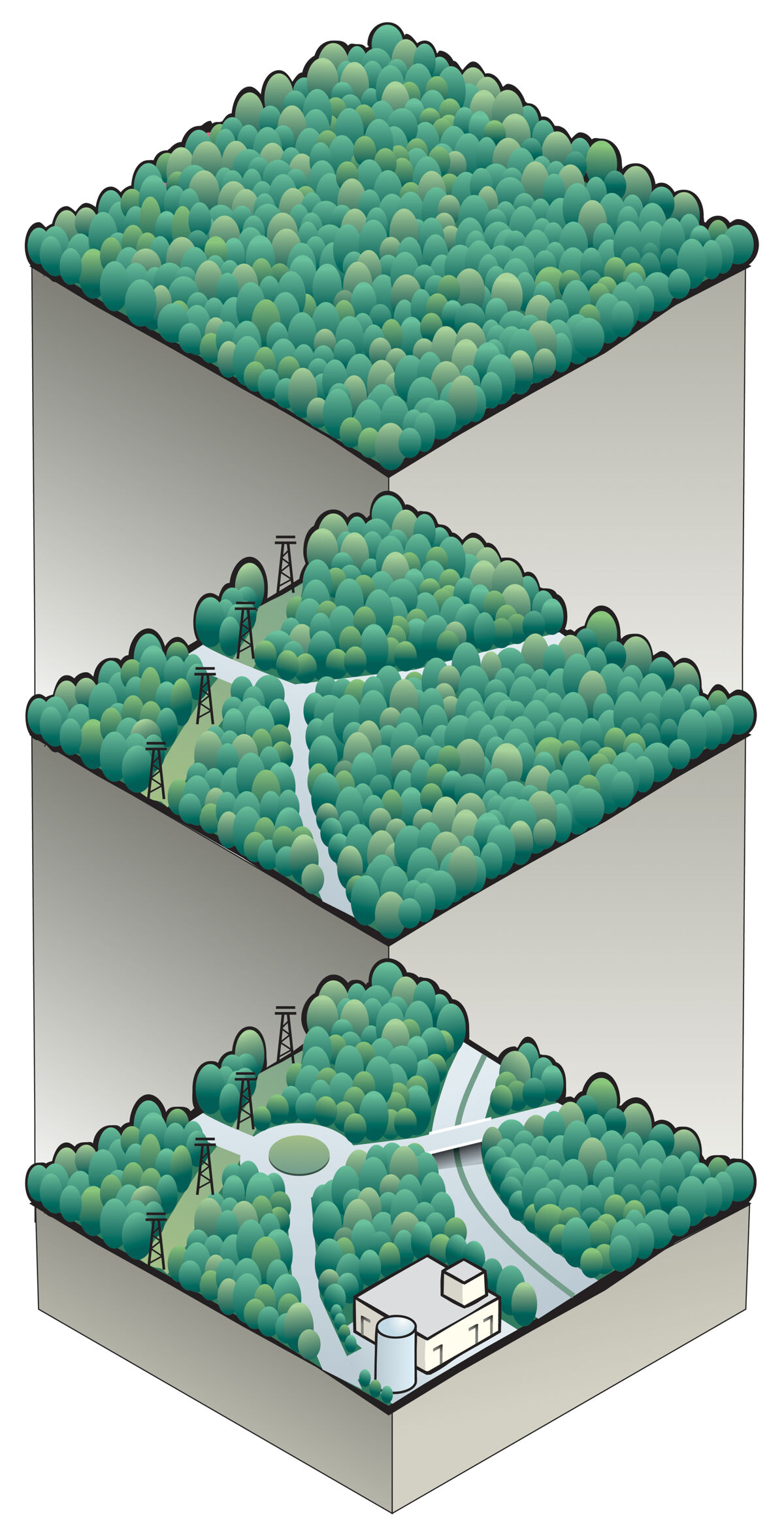 The image illustrates the process of loss and fragmentation of a wooded habitat area as a result of human interventions: the creation of ski slopes, roads and tourist centers, in addition to removing soil from the habitat itself, making it disappear there, reduce it to many small fragments impacting on the normal flows of the ecosystem.