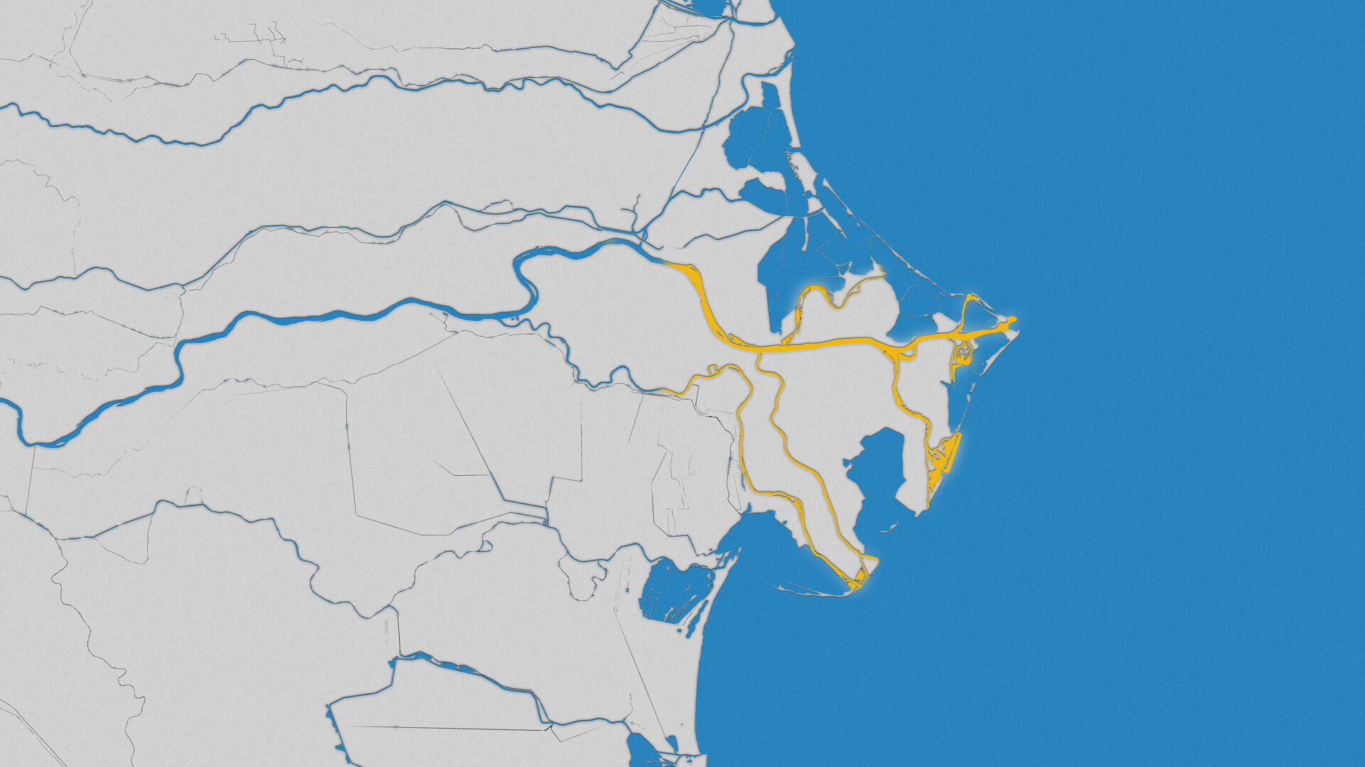 Evidenziata in giallo, l&rsquo;ingressione del cuneo salino, anni 2000. Fonte dati: ARPAE 2005