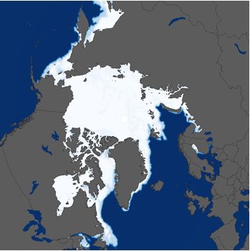 L&rsquo;immagine mostra l&rsquo;estensione massima dei ghiacci marini artici alla fine del mese di Marzo 2016, che va a toccare tutti i confini a nord dell&rsquo;America e della Russia fino a parte della penisola Scandinava.