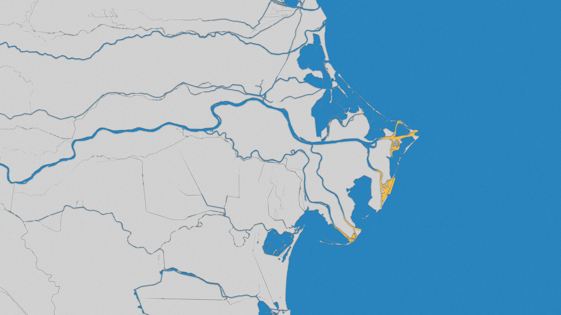 Evidenziata in giallo, l&rsquo;ingressione del cuneo salino, anni &rsquo;50/&rsquo;70. Fonte dati: ARPAE 2005