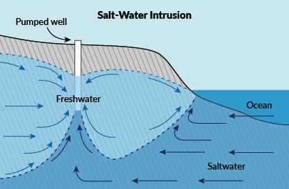 Diagram of the ingression of the saline wedge into the coastal terrain facilitated by the modification of the underlying fresh water flow rate due to human withdrawal, which decreases the contrast with the salt water that penetrates more and more inland.