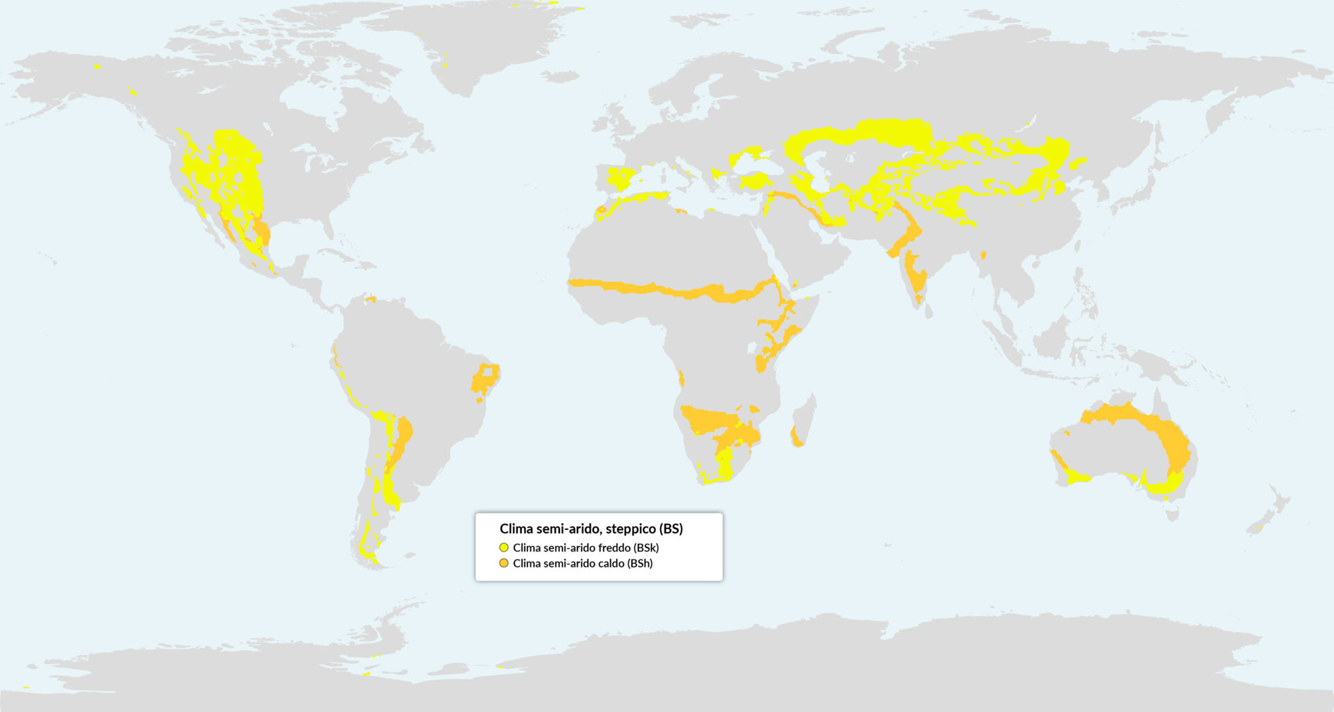 Mappa di distribuzione del clima semi arido freddo e semi arido caldo: il primo lo ritroviamo in particolare nelle aree interne occidentali dell&rsquo;America del Nord e parte del centro America, nel Bacino Mediterraneo, e in gran parte dell&rsquo;Asia centrale; il secondo ha distribuzione pi&ugrave; ridotta e si ritrova maggiormente nell&rsquo;area subsahariana, parte dell&rsquo;Africa del Sud e dell&rsquo;Australia nord orientale.