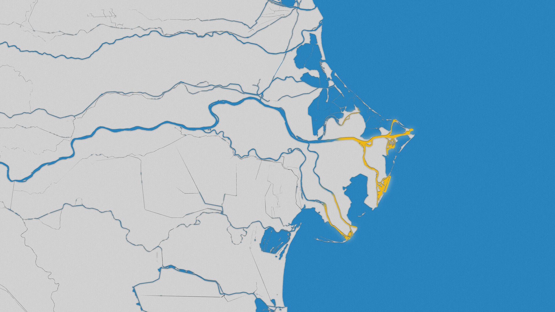 Evidenziata in giallo, l&rsquo;ingressione del cuneo salino, anni &rsquo;70/&rsquo;80. Fonte dati: ARPAE 2005