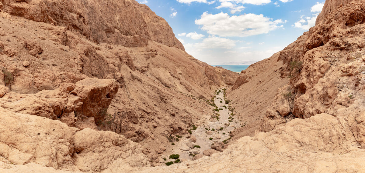 The dry bed of a seasonal river that runs through the desert on the Israeli side of the Dead Sea