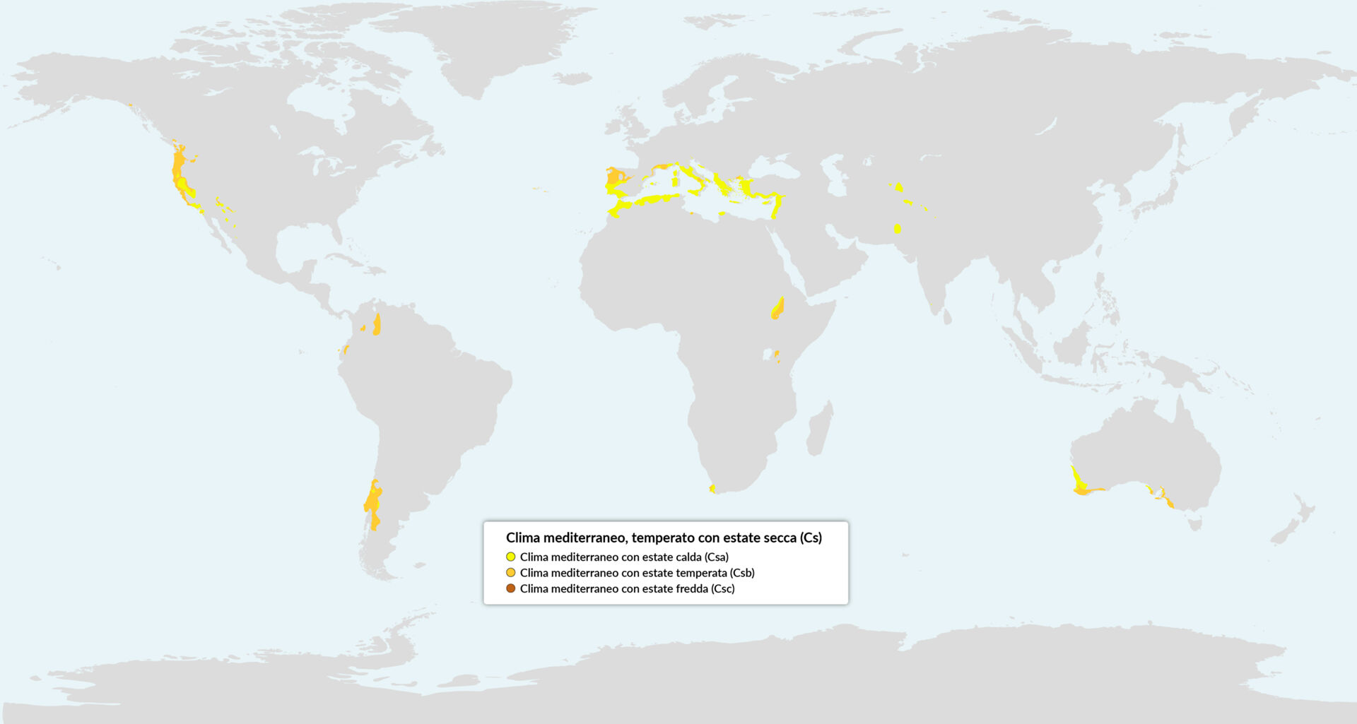 Mappa del clima mediterraneo nel mondo: il clima caratterizza non solo le aree del bacino Mediterraneo ma si ritrova anche in California (costa occidentale degli Stati Uniti), in Sud America (parte della costa del Cile e parte del confine tra Cile e Argentina), in Africa (Etiopia, aree vicino il Lago Vittoria e una piccola area in Sud Africa), sulle coste dell&rsquo;Australia sud occidentale e infine in Asia(Pakistan e piccole aree limitrofe).