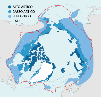 La cartina riporta l&rsquo;area artica in cui si evidenziano i differenti ambienti: partendo dal polo andando verso il confine a sud dell&rsquo;area si trovano le aree coperte dai ghiacci, l&rsquo;alto artico, il basso artico e il sub artico.